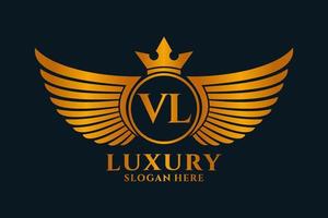 luxe Koninklijk vleugel brief vl kam goud kleur logo vector, zege logo, kam logo, vleugel logo, vector logo sjabloon.