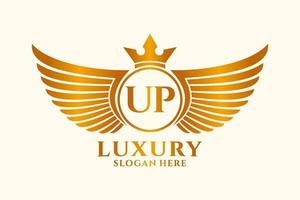 luxe Koninklijk vleugel brief omhoog kam goud kleur logo vector, zege logo, kam logo, vleugel logo, vector logo sjabloon.