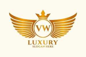 luxe Koninklijk vleugel brief vw kam goud kleur logo vector, zege logo, kam logo, vleugel logo, vector logo sjabloon.