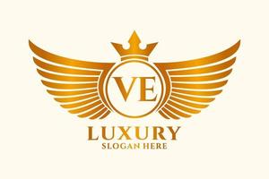 luxe Koninklijk vleugel brief ve kam goud kleur logo vector, zege logo, kam logo, vleugel logo, vector logo sjabloon.