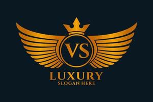 luxe Koninklijk vleugel brief vs kam goud kleur logo vector, zege logo, kam logo, vleugel logo, vector logo sjabloon.