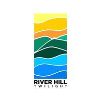 rivier- en heuvel logo. de rivier- stromen onder de heuvel Bij zonsondergang. vector illustratie van rivier, heuvels en zonsondergang