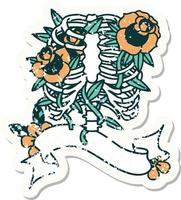 grunge sticker met banier van een rib kooi en bloemen vector