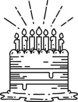 traditioneel zwart lijn werk tatoeëren stijl verjaardag taart vector