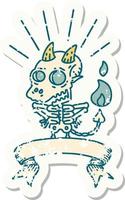 grunge sticker van tatoeëren stijl skelet demon karakter vector