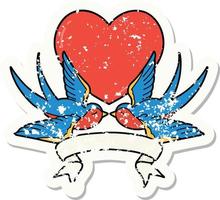 grunge sticker met banier van een zwaluwen en een hart vector