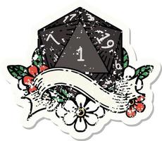 grunge sticker van een natuurlijk een d20 Dobbelsteen rollen vector