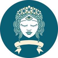 tatoeëren stijl icoon met banier van vrouw gezicht met derde oog en kroon van bloemen vector