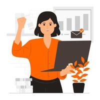 werk vrouw geslaagd Holding laptop illustratie vector