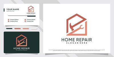 huis reparatie logo ontwerp met hamer en moersleutel element. huis logo en bedrijf kaart sjabloon vector