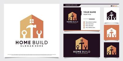 huis reparatie logo ontwerp met hamer en moersleutel element. huis logo en bedrijf kaart sjabloon vector