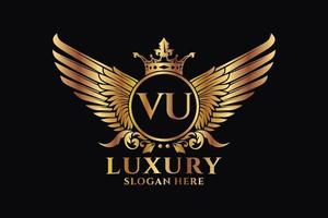 luxe Koninklijk vleugel brief vu kam goud kleur logo vector, zege logo, kam logo, vleugel logo, vector logo sjabloon.