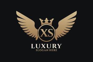 luxe Koninklijk vleugel brief xs kam goud kleur logo vector, zege logo, kam logo, vleugel logo, vector logo sjabloon.