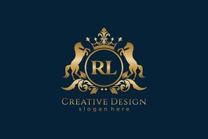 eerste rl retro gouden kam met cirkel en twee paarden, insigne sjabloon met scrollt en Koninklijk kroon - perfect voor luxueus branding projecten vector