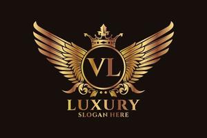 luxe Koninklijk vleugel brief vl kam goud kleur logo vector, zege logo, kam logo, vleugel logo, vector logo sjabloon.