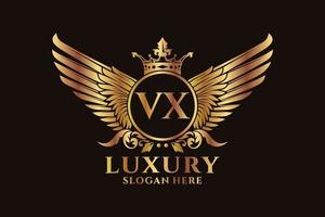 luxe Koninklijk vleugel brief vx kam goud kleur logo vector, zege logo, kam logo, vleugel logo, vector logo sjabloon.