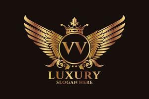luxe Koninklijk vleugel brief vv kam goud kleur logo vector, zege logo, kam logo, vleugel logo, vector logo sjabloon.