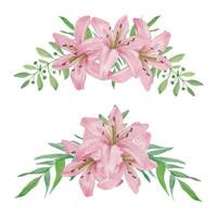 handgeschilderde aquarel roze lelie gebogen bloemstuk set vector