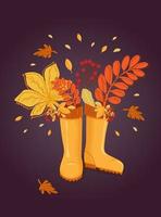 Hallo herfst. herfst bladeren, Afdeling met lijsterbes bessen in rubber laarzen. banier, ansichtkaart, poster. vector
