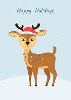 Kerstmis groet kaart met schattig hert in rood hoed. hand- getrokken tekenfilm karakter vector
