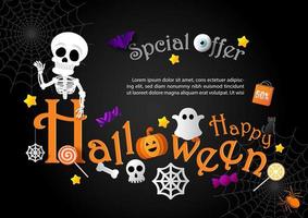 schattig teken en symbolen van halloween met uitverkoop formulering en voorbeeld teksten Aan zwart achtergrond. halloween uitverkoop banier in papier besnoeiing stijl en vector ontwerp.