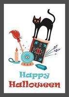 gelukkig halloween ansichtkaart met een zwart kat en heks bezittingen vector