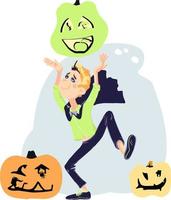 vrolijk tekenfilm tiener vieren halloween, Holding een pompoen over- zijn hoofd, dansen. vector