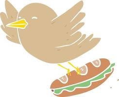 vlak kleur stijl tekenfilm vogel stelen belegd broodje vector