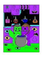 psychedelisch halloween poster. Siamees tweeling kittens brouwen een toverdrank in heks hoeden. surrealisme. vector