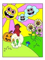 psychedelisch halloween poster. de zon is met een gezicht, de wolken zijn lachend, de beer is zittend Aan de schedel in een heks hoed. surrealisme. vector