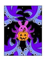 psychedelisch halloween poster. een konijn met Octopus tentakels houdt een pompoen. surrealisme. vector