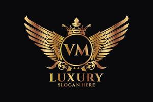 luxe Koninklijk vleugel brief vm kam goud kleur logo vector, zege logo, kam logo, vleugel logo, vector logo sjabloon.