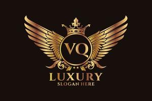 luxe Koninklijk vleugel brief vq kam goud kleur logo vector, zege logo, kam logo, vleugel logo, vector logo sjabloon.