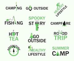 reeks camping en buitenshuis pictogrammen met belettering en elementen voor web vector