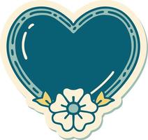 sticker van tatoeëren in traditioneel stijl van een hart en bloem vector