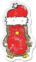 retro noodlijdende sticker van een cartoon kerst roodborstje vector