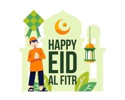 gelukkige eid al fitr achtergrond met jonge moslimjongen vector