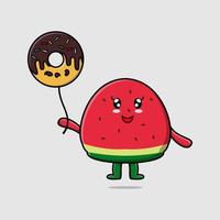 schattig tekenfilm watermeloen drijvend met donuts vector