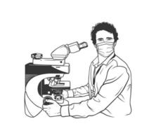 mannetje dokter vervelend een masker gebruik makend van een microscoop in de laboratorium. vector lijn kunst illustratie