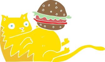 vlak kleur illustratie van een tekenfilm dik kat met hamburger vector