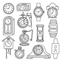 hand- getrokken reeks van horloges tekening. oud straat klok, polshorloge, alarm klok, stopwatch in schetsen stijl. vector illustratie geïsoleerd Aan wit achtergrond.