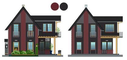 modern privaat huis met houtwerk en metselwerk in voorkant visie. bevat twee vloeren, haard, hoog dak, terras, balkon, bomen. vector