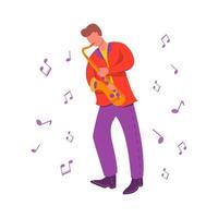 een jong vent saxofoon speler.modern vlak vector illustratie notities.man is een jazz- musicus Toneelstukken Aan een musical instrument.cartoon karakter jongen.