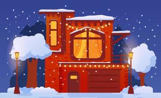 Kerstmis huis versierd met lichtgevend straat lichten en gedekt door sneeuw,. winter landelijk landschap met Spar bomen in de sneeuw. vakantie illustratie vector. vector