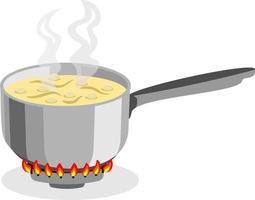 keuken gebruiksvoorwerpen. pot, pollepel van voedsel zijn gekookt Aan de gas- fornuis. huis Koken concept. plaats van Koken. vector