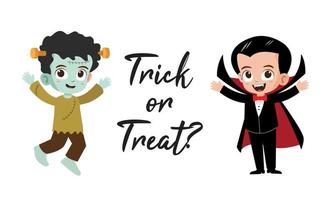 truc of traktatie belettering met schattig kinderen in halloween kostuums vector