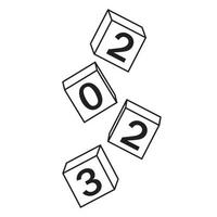 kalender voor kerstmis, nieuw jaar vallend kubussen met de aantal 2023, zwart contour tekening, vector illustratie
