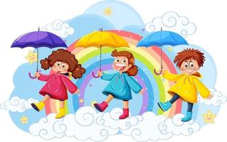 kinderen Aan wolk met regenboog vector