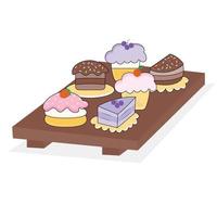 zes types van cakes geregeld Aan een dienblad vector