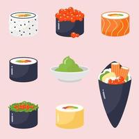 sushi van Japans voedsel. sushi en wasabi icoon set. vector